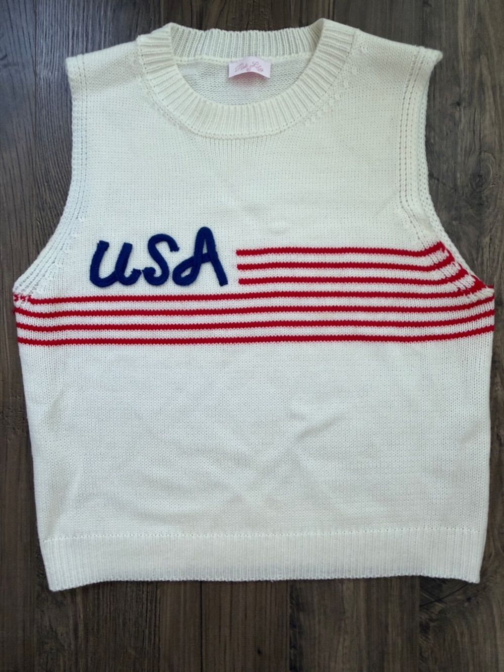 Pink Lily White USA Knit Tank with Red Stripes and Blue Lettering